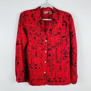 Chico's Size Small 4 0 Abstract Print Long Sleeve Silk Button Blouse Top Red